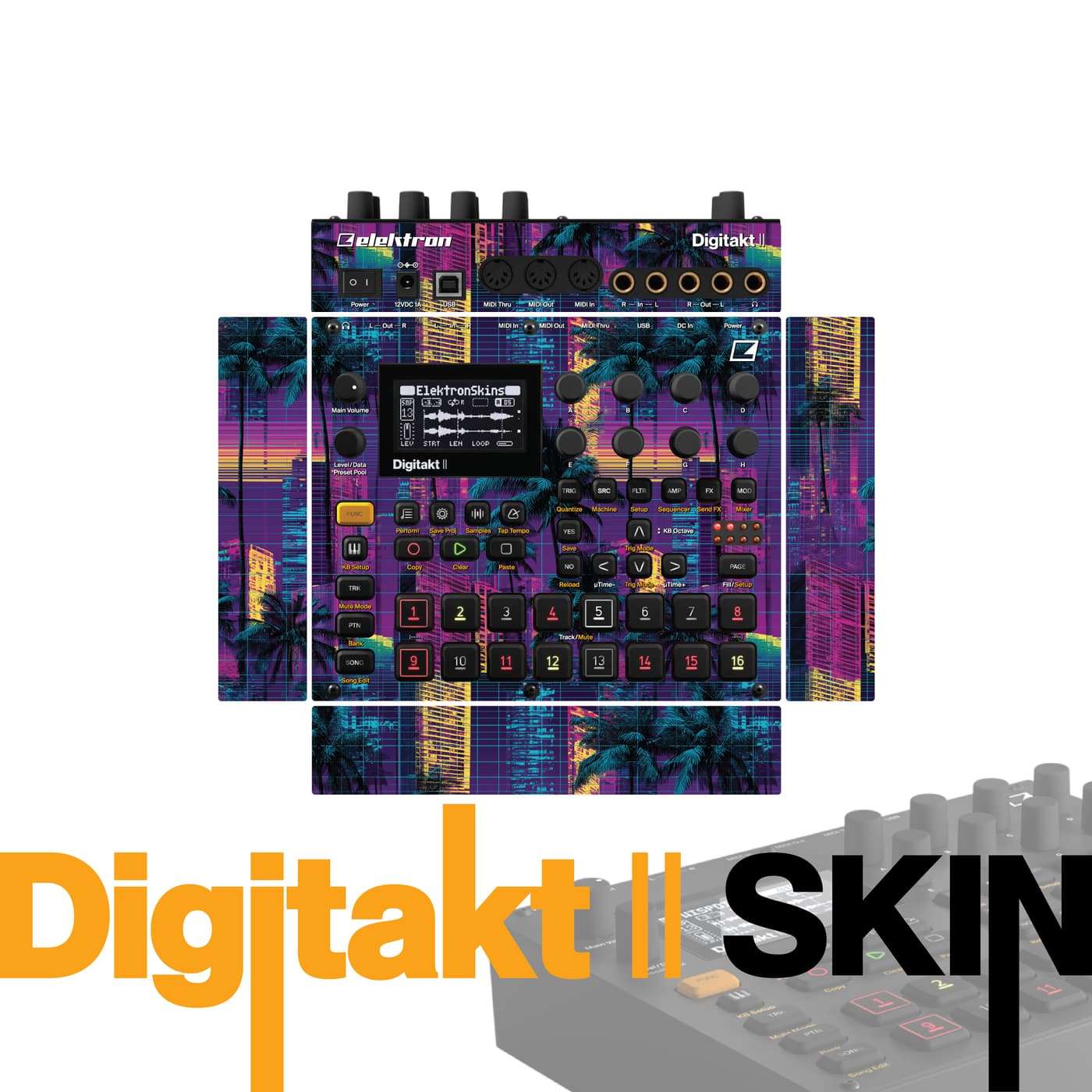Synthwave Palm Glitch vinyl skin for Elektron Digitakt II